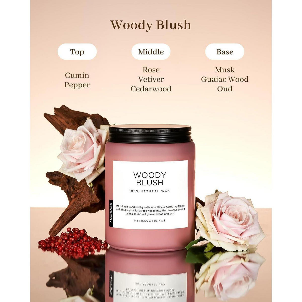DUFTKERZE Woody Blush 550g Sojawachs 110 Stunden Brenndauer - Rosa, Paraffin (13cm)