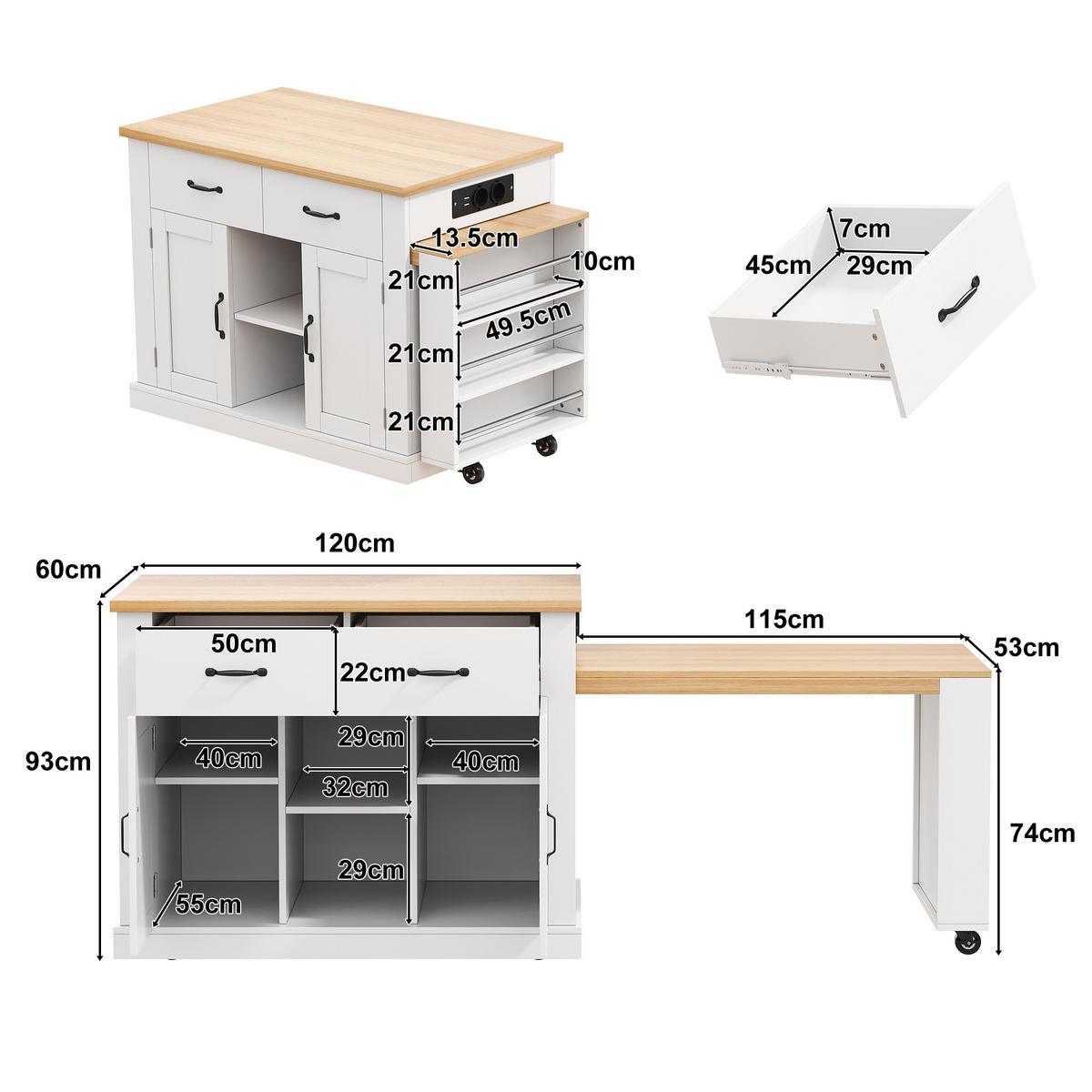 KÜCHENINSEL mit ausziehbarem Esstisch und 7 Rollen, Holzoptik, 132/70/90 cm - Weiß, Kunststoff (60/93/132cm) - Rolipo