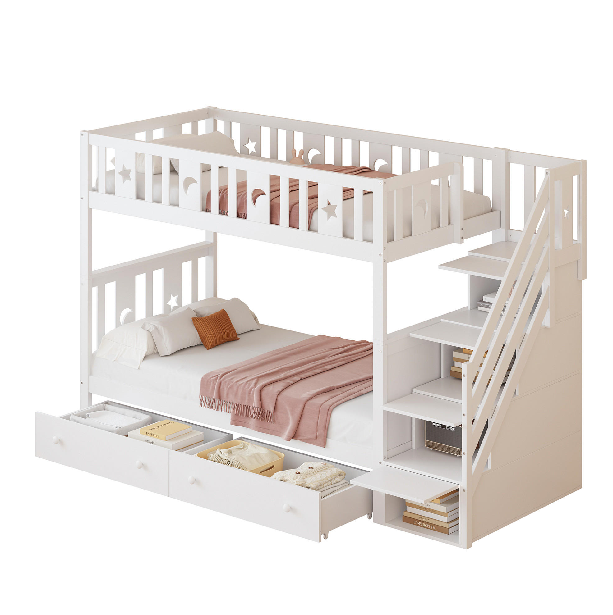 ETAGENBETT 90/200 cm Weiß mit Stauraumtreppe und 2 Schubladen - Weiß, Holz (90/200cm) - Flora Grace