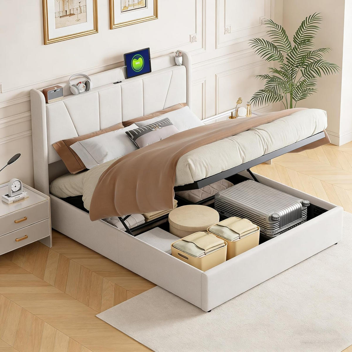 POLSTERBETT 140x200 cm in Beige mit Ladestation & Stauraum, Leinen - Beige, Holz/Metall (140/200cm) - PARAFTA HOME