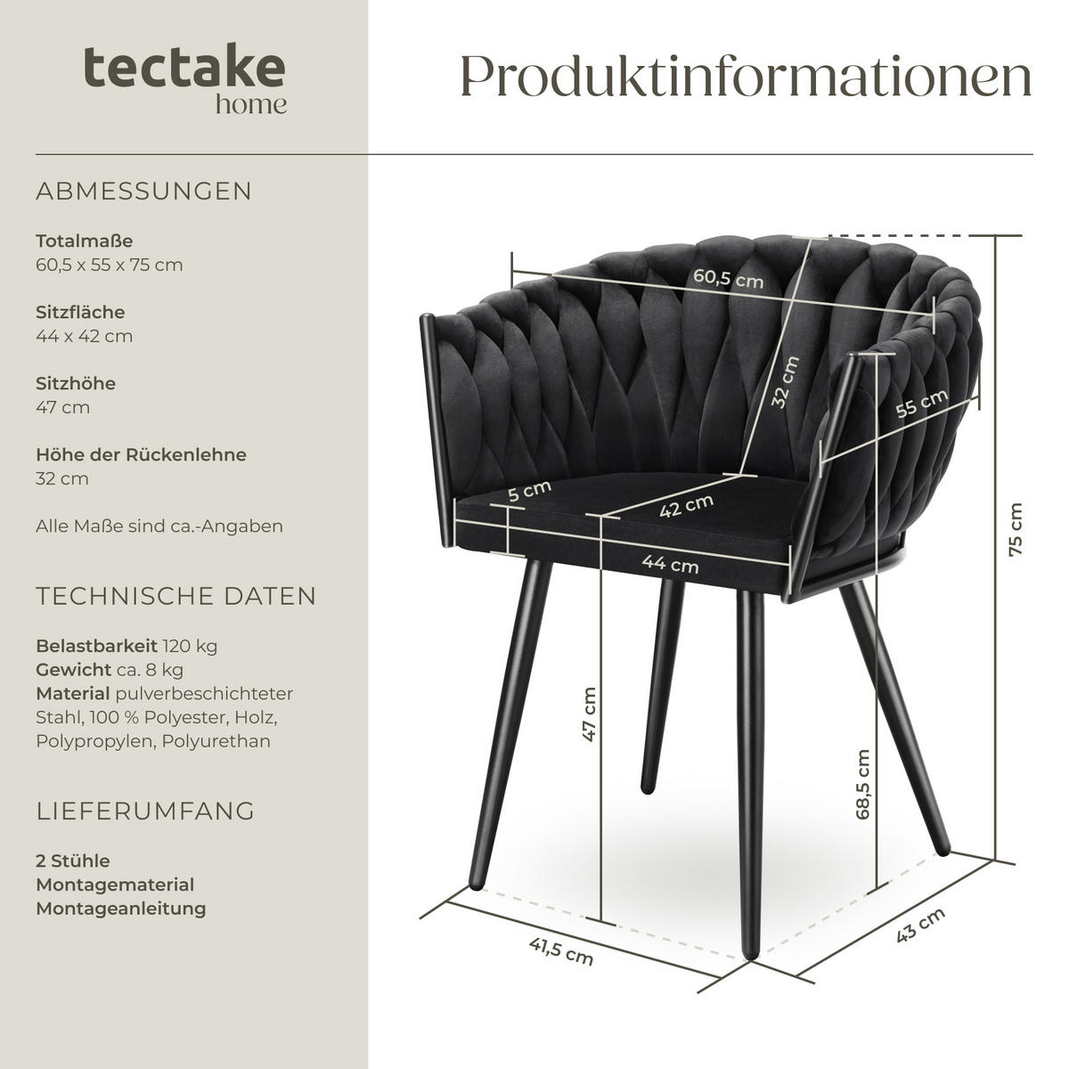 ESSZIMMERSTUHL 2er Set Astano 60 5 x 55 x 75 cm schwarz - Schwarz, Textil (60.5/75/55cm) - tectake