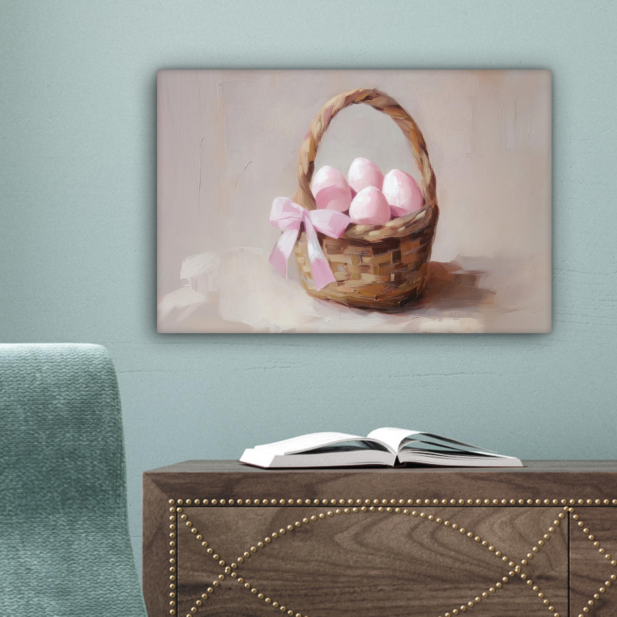 LEINWANDBILD Korb - Eier - Rosa Deko Schlafzimmer 30x20 cm - Beige, Textil (30/20cm) - MuchoWow
