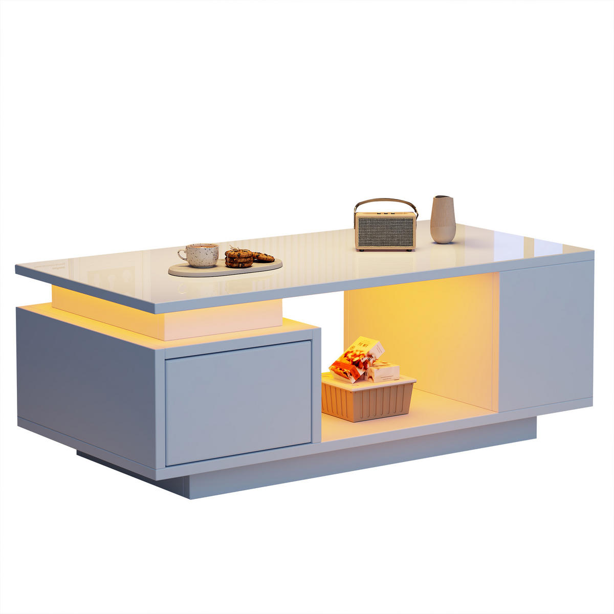 COUCHTISCH LED Weiß 100/50/36 cm mit Schublade - Weiß, Holzwerkstoff (100/50/36cm)