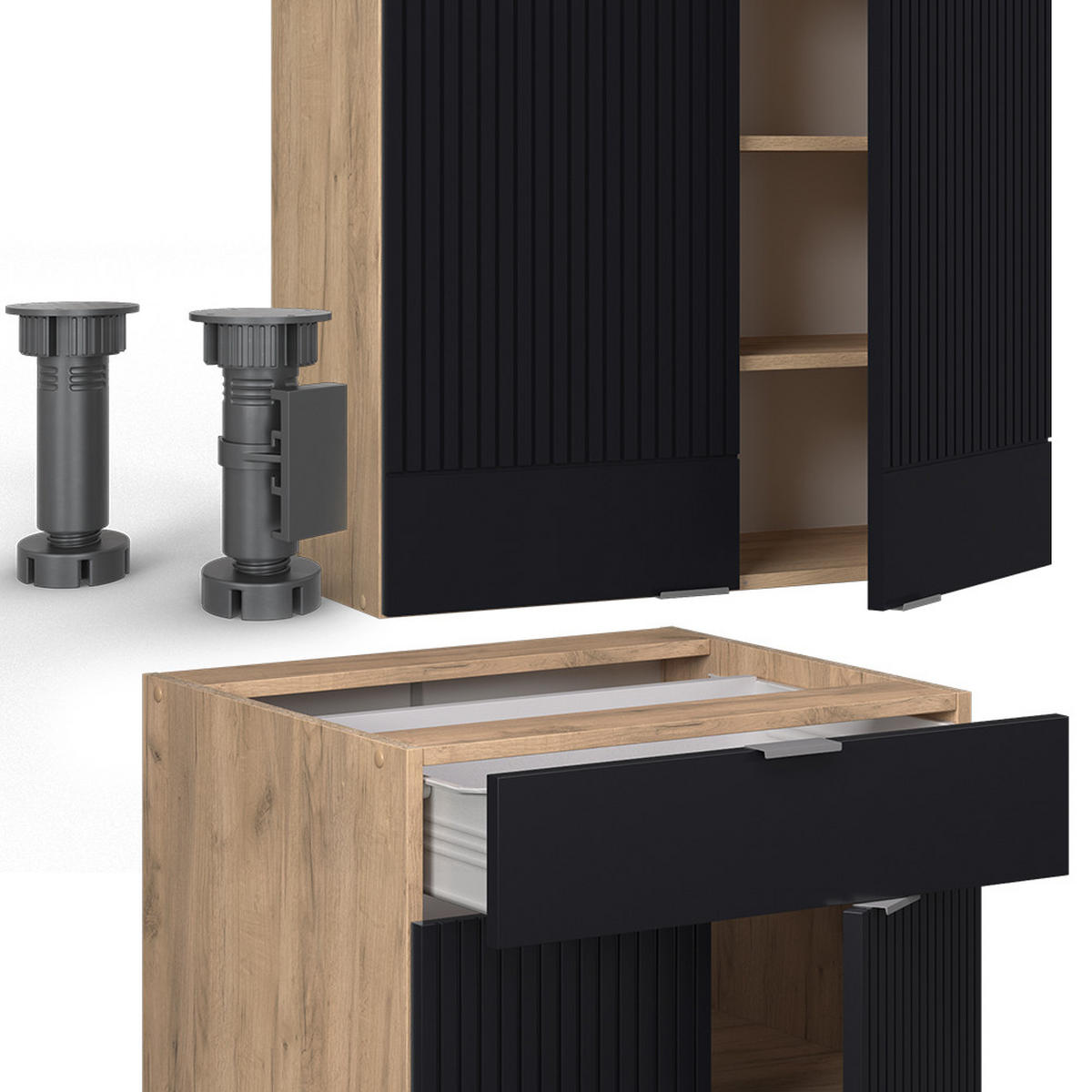 SINGLEKÜCHE Fame-Line, Schwarz gestreift/Goldkraft Eiche, 140 cm ohne Arbeitsplatte - Honigeiche/Schwarz, Holzwerkstoff (140/81.6/46cm) - Vicco