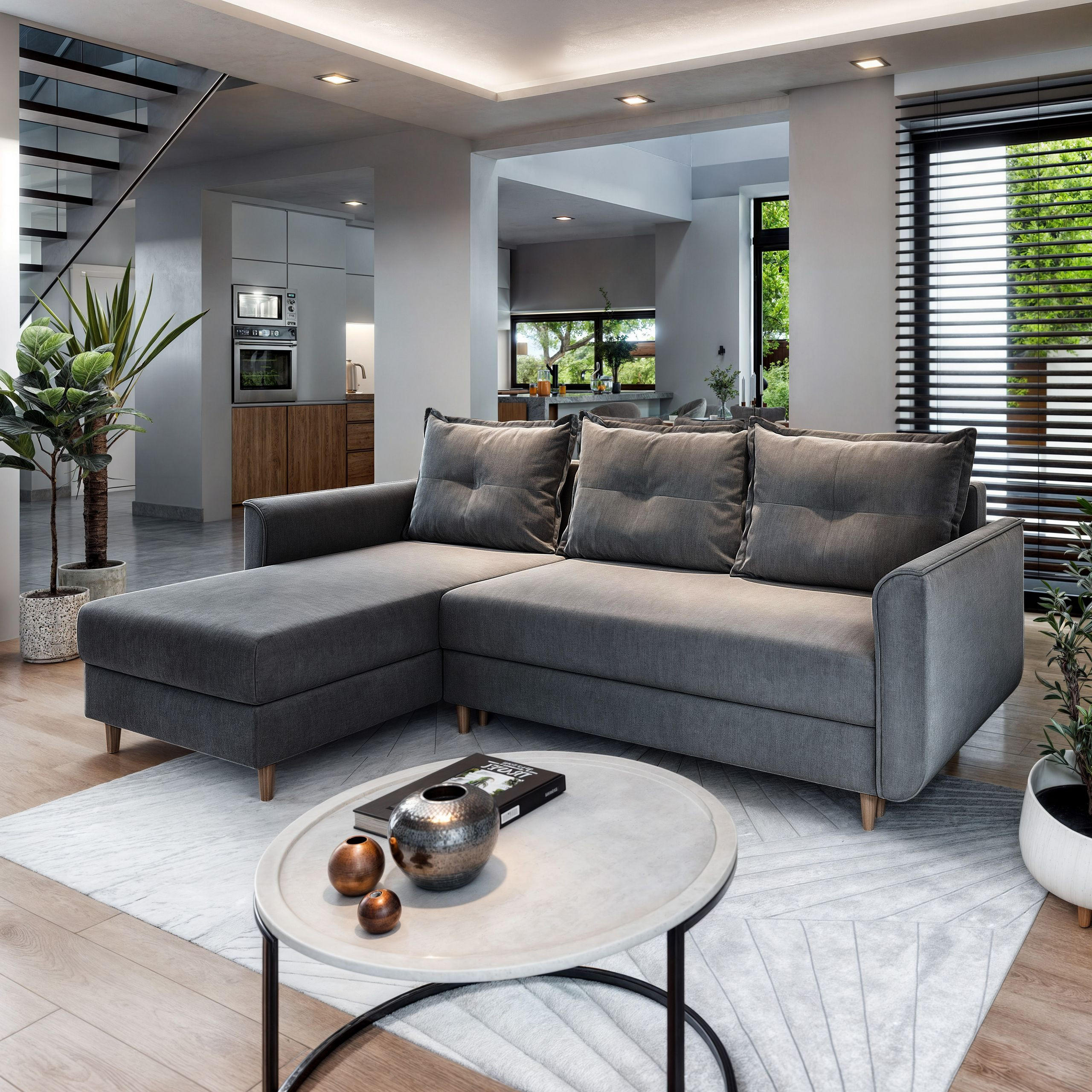 ECKSOFA PISAN L-S Grau Plüsch-Stoff mit Schlaffunktion - Grau, Holz (220/140cm) - MASSENO