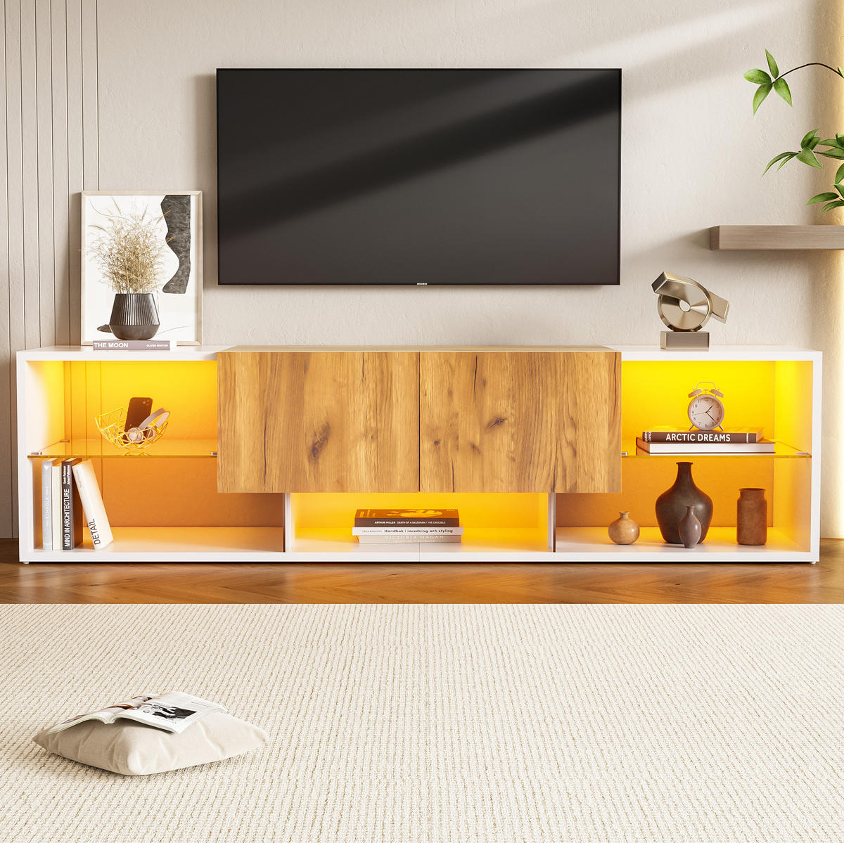TV-ELEMENT mit LED 160 x 40 x 42 cm Weiß und Eichefarben mit 2 Schubladen - Weiß, Holzwerkstoff (40/42/160cm) - Beauniv