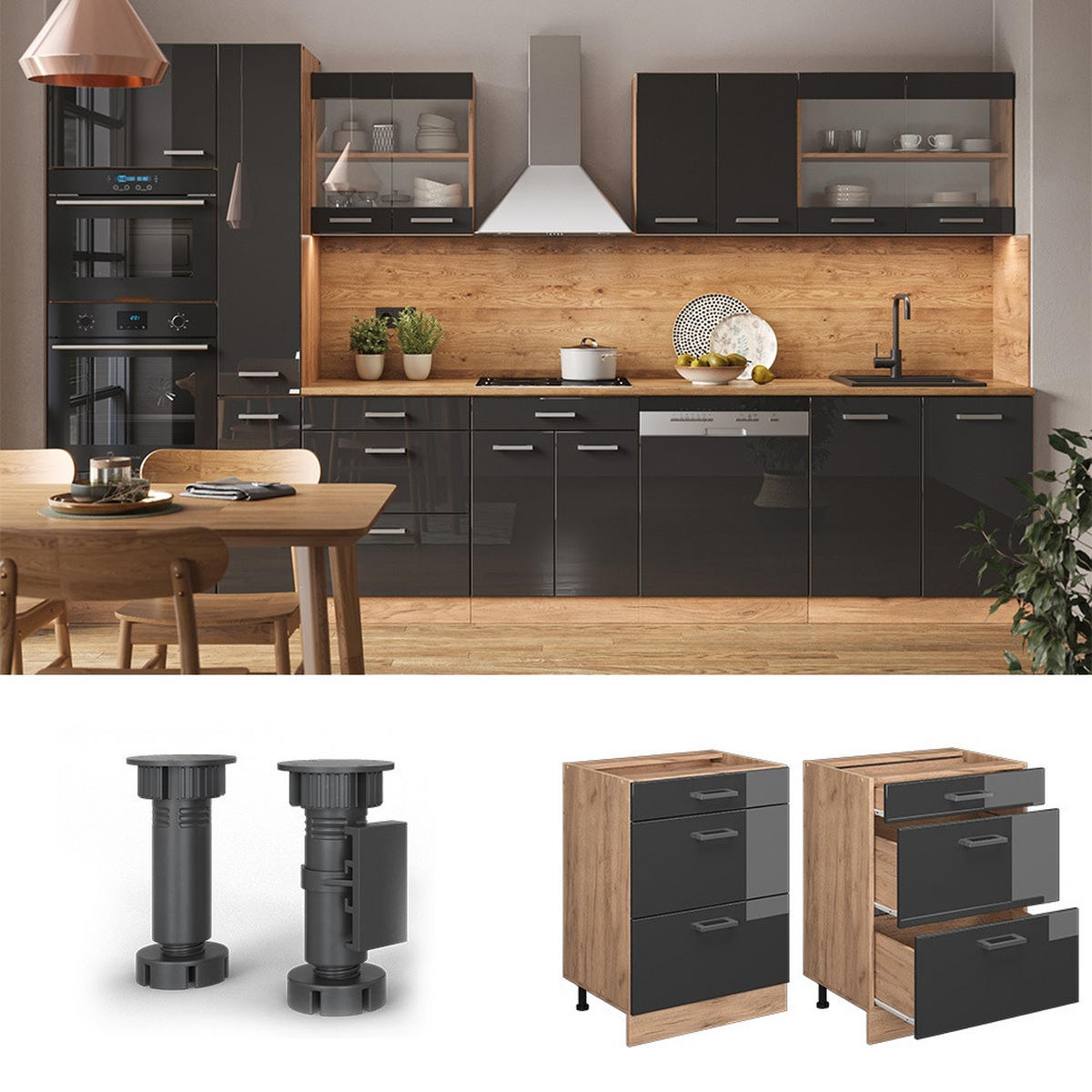 KÖKSUNDERSKÅP R-Line Antracit högblank 60 cm med lådor, utan bänkskiva - Honungsek/Svart högglans, Träbaserade material (60/81.6/46cm) - Vicco
