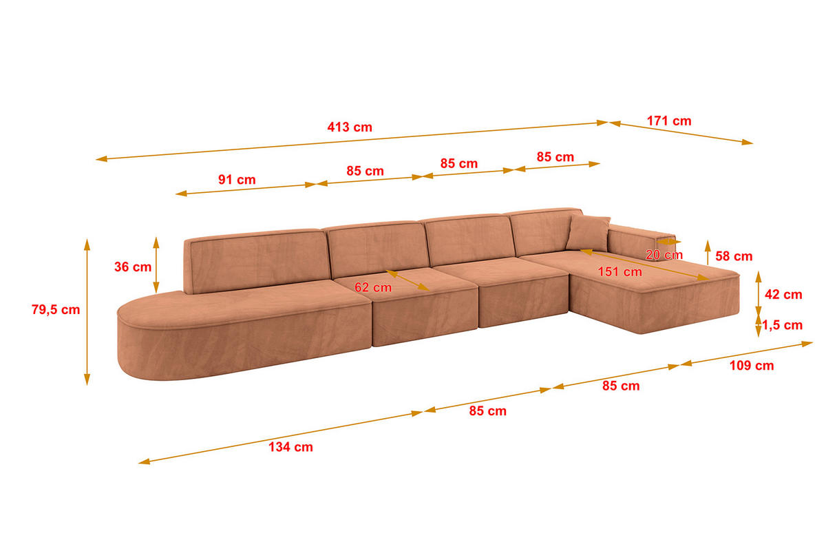 ECKSOFA Ottomane Rechts IREA-L3-v4 - 413x171x79 cm Koralle - Koralle, Holzwerkstoff/Textil (171/413cm) - ALTDECOR