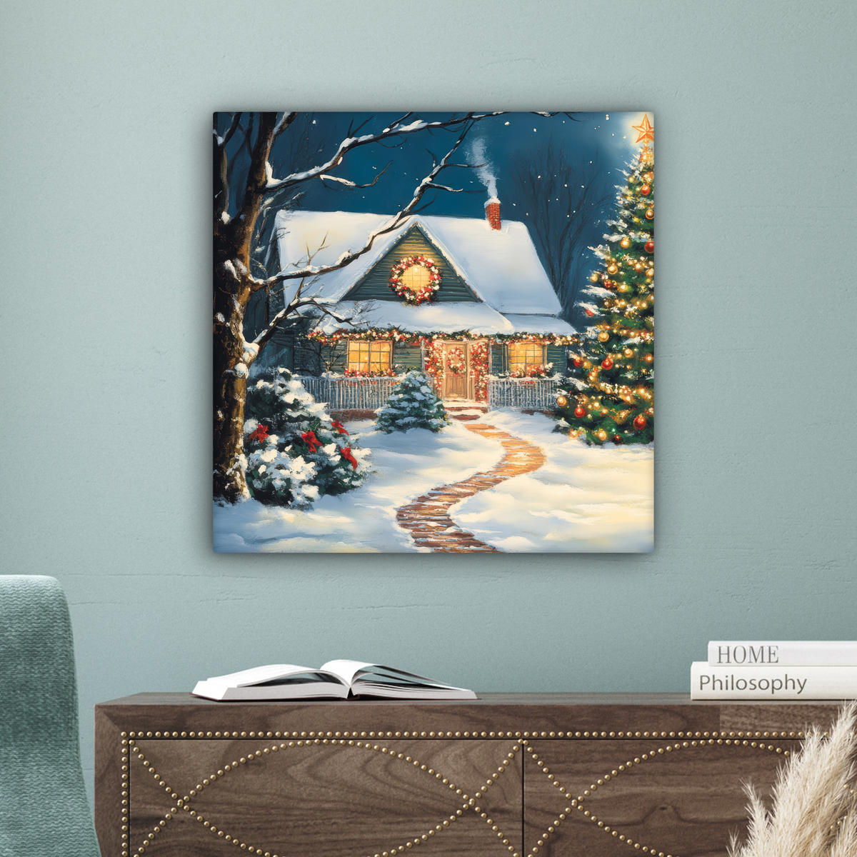 LEINWANDBILD Weihnachten - Weihnachtsbaum - Winter - Zuhause - Schnee 50x50 cm - Smaragdgrün, Textil (50/50cm) - MuchoWow