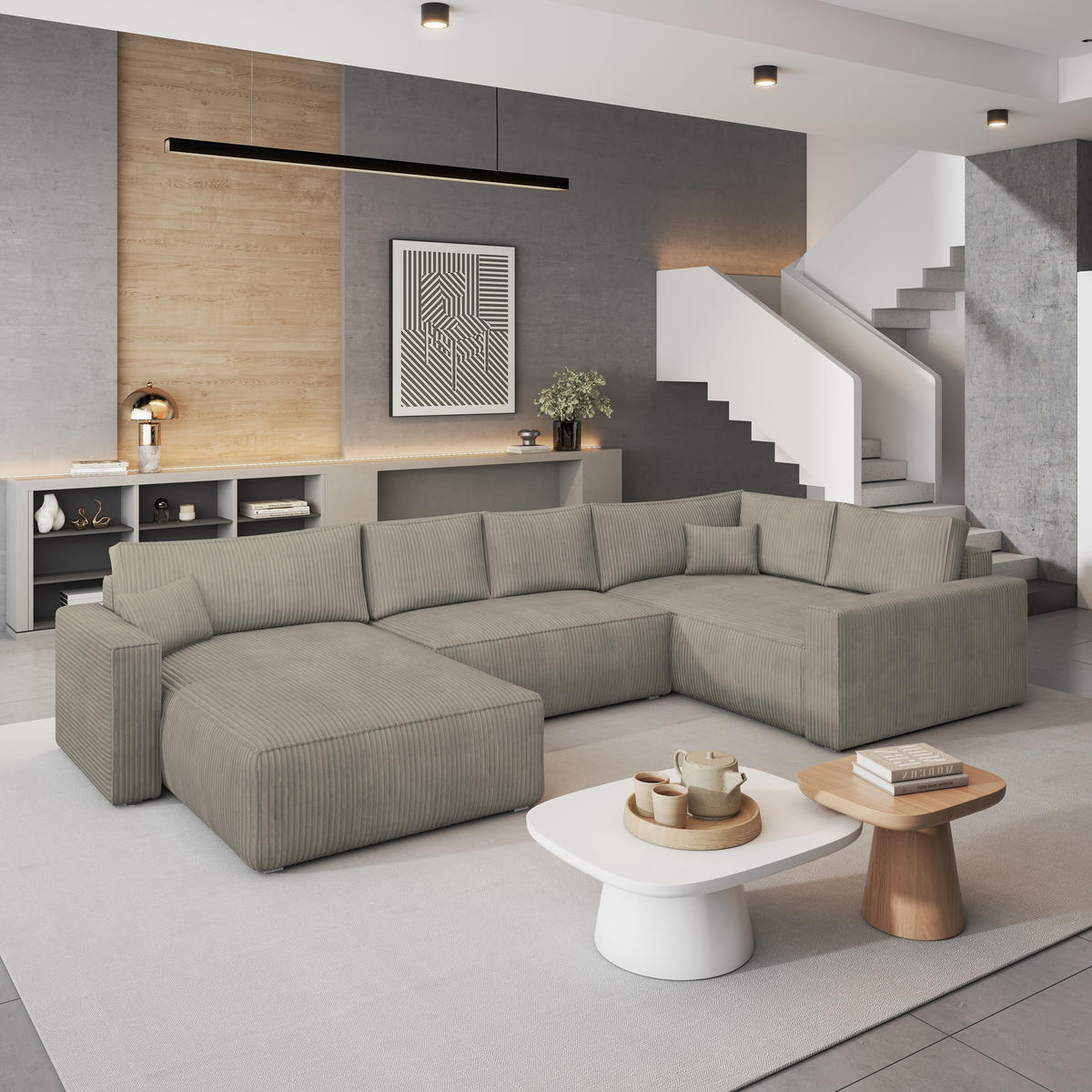 WOHNLANDSCHAFT VELAMI R-S Beige Kordstoff mit Schlaffunktion - Beige, Holz (365/83/194cm) - MASSENO