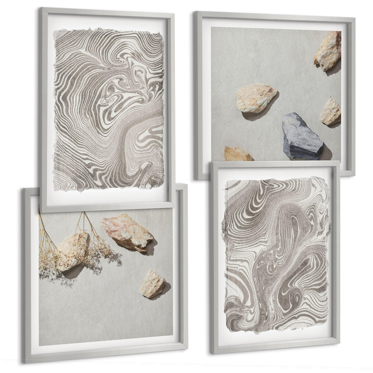 BILDER SET 4er Set - 50x50 cm & 40x60 cm Silberner Rahmen - Moderne abstrakte Formen - Silberfarben, Kunststoff (50/50cm) - TULUP