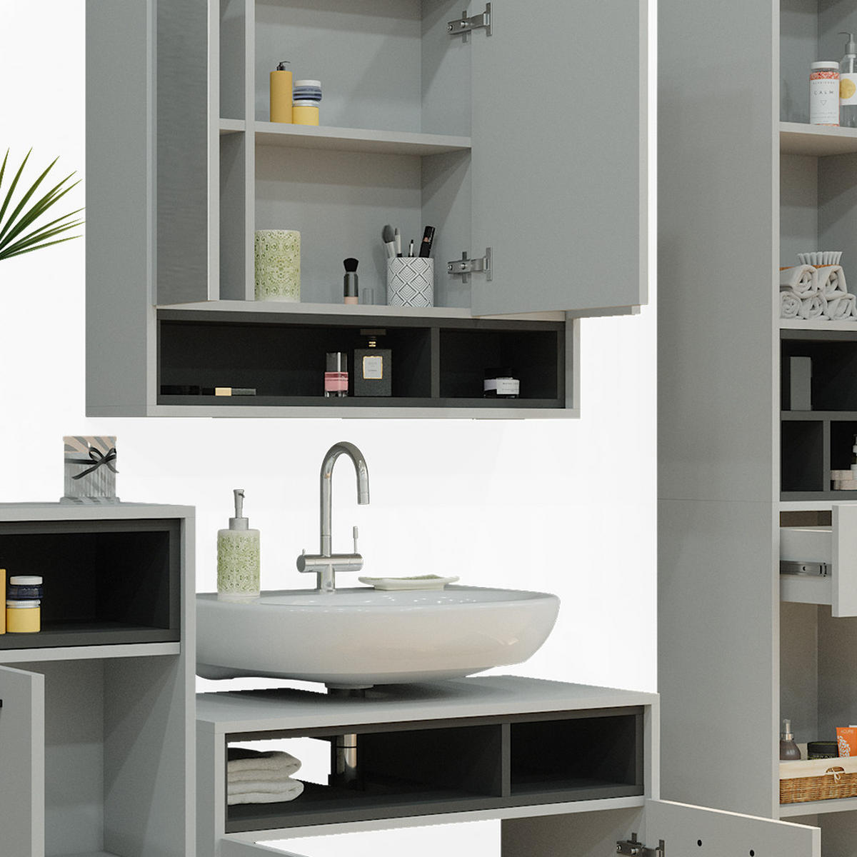 BADMÖBEL-SET Beatrice Grau 4 Teile - Anthrazit/Grau, Holzwerkstoff (80/64/40cm) - Vicco