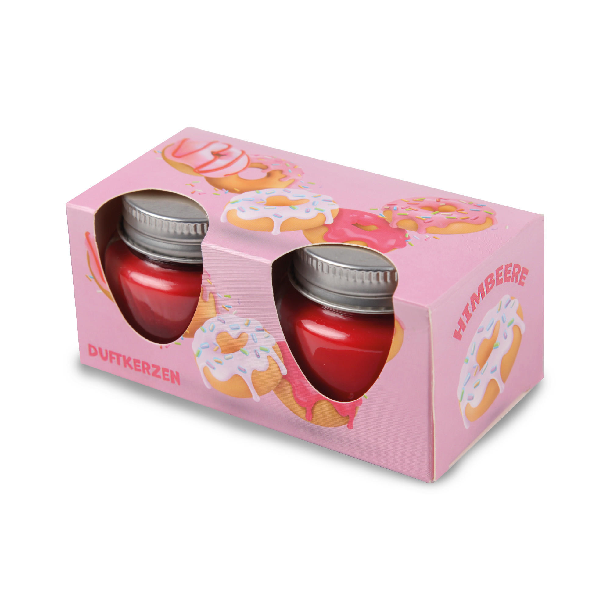 DUFTKERZE im Glas "Donut Himbeere" mit Deckel, 2er Pack mit je ca. 7 Std. Brenndauer, Ø6cm, Raumduft als Geschenk und Dekoration - Rosa, Glas (6/5cm) - HS Candle