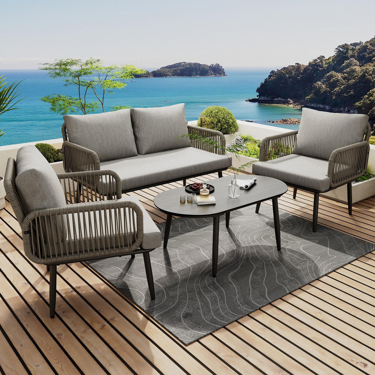 GARTENGARNITUR 4-teiliges Gartenmöbel Set,PE Rattan Garten-Loungestuhl-Set,Grau - Grau, Metall - LVHOM