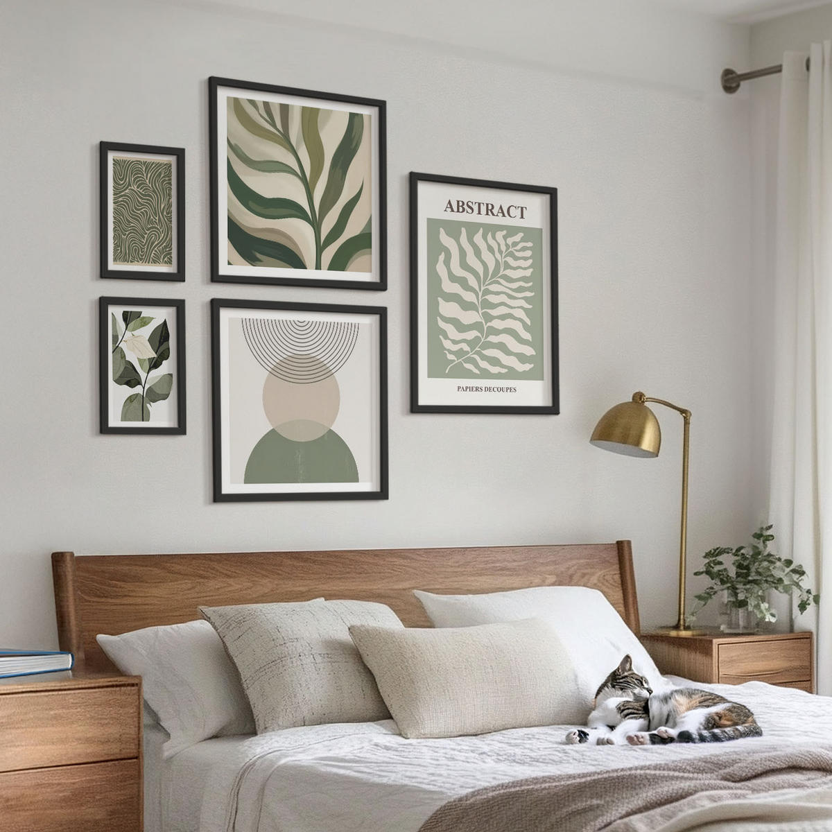 BILDER SET 5er Set - 50x50 cm & 20x30 cm & 40x60 cm Schwarzer Rahmen - Blätter geometrische Formen abstrakt - Schwarz, Kunststoff (40/60cm) - TULUP