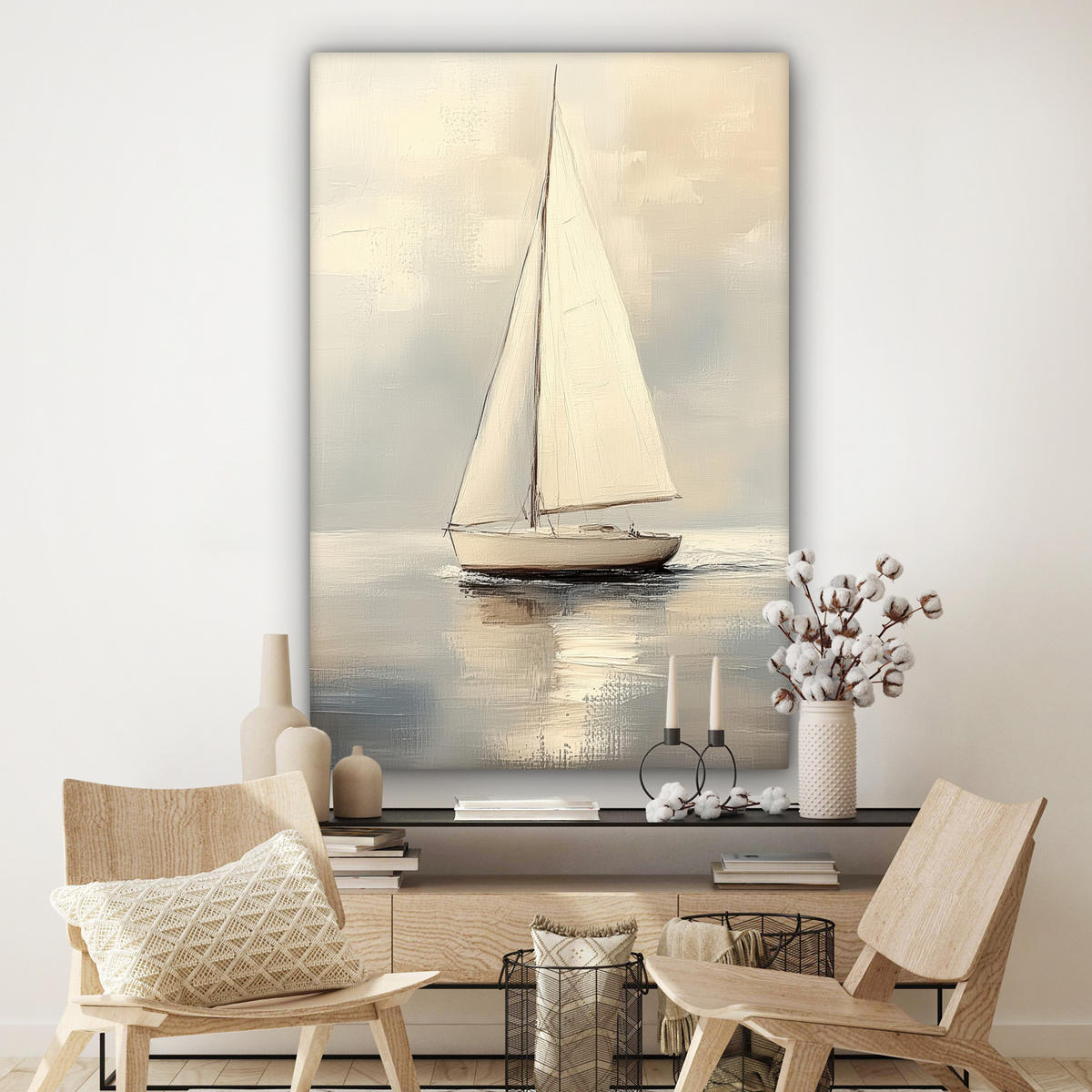 OBRAZ NA PLÁTNĚ Plachetnice - Moře - Oblačno 90x140 cm - krémová, textil (90/140cm) - MuchoWow