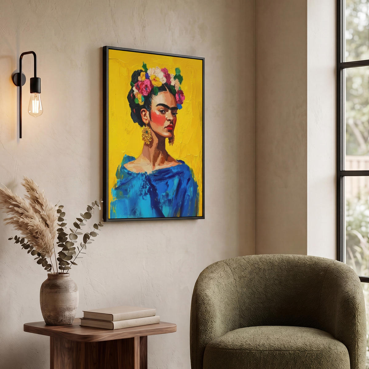 LEINWAND Bilder mit Rahmen - Frida Kahlo - Frau - Gelb - Blau - Blumen - 60x80 - Gelb, Textil (60/80cm) - MuchoWow