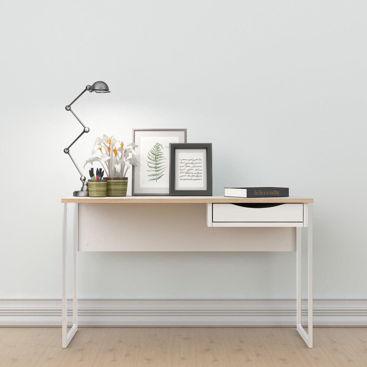 PSACÍ stůl s 1 zásuvkou a kovovými nohami, šířka 130 cm - FUNCTION - bílá, kompozitní dřevo (130/48.4/76.8cm) - Calicosy