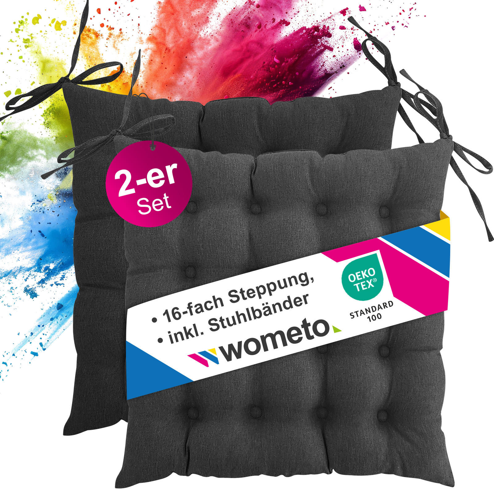 SITZKISSEN 2er Set 16-Punkt dunkelgrau 40/40 cm mit Steppung und Halte-Bändern - Dunkelgrau, Textil (40/40/4cm) - wometo