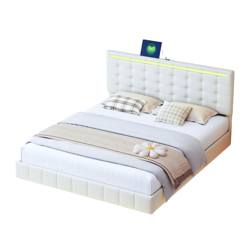 POLSTERBETT 160x200 cm beige Leinenoptik mit LED, USB-Anschlüssen & Lattenrost - Beige, Holz - SHOPENTRA