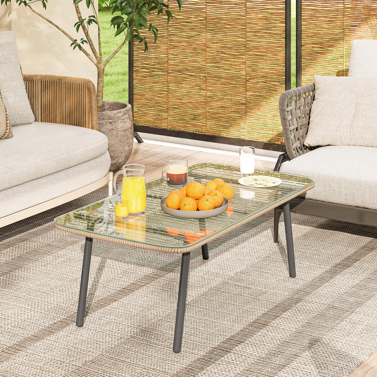 GARTENBEISTELLTISCH DE-13632 rechteckig mit Glasplatte, Holzoptik Natur - Naturfarben, Metall (110/60/40cm) - ComfortXL