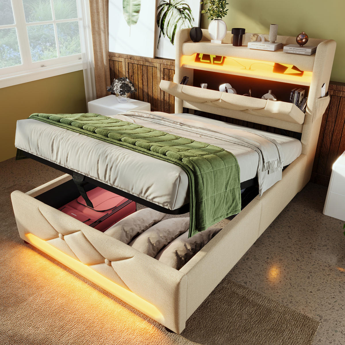 POLSTERBETT 90/200 cm beige Stauraum mit USB-Anschluss und LED-Beleuchtung - Beige, Textil (90/200cm) - OKWISH