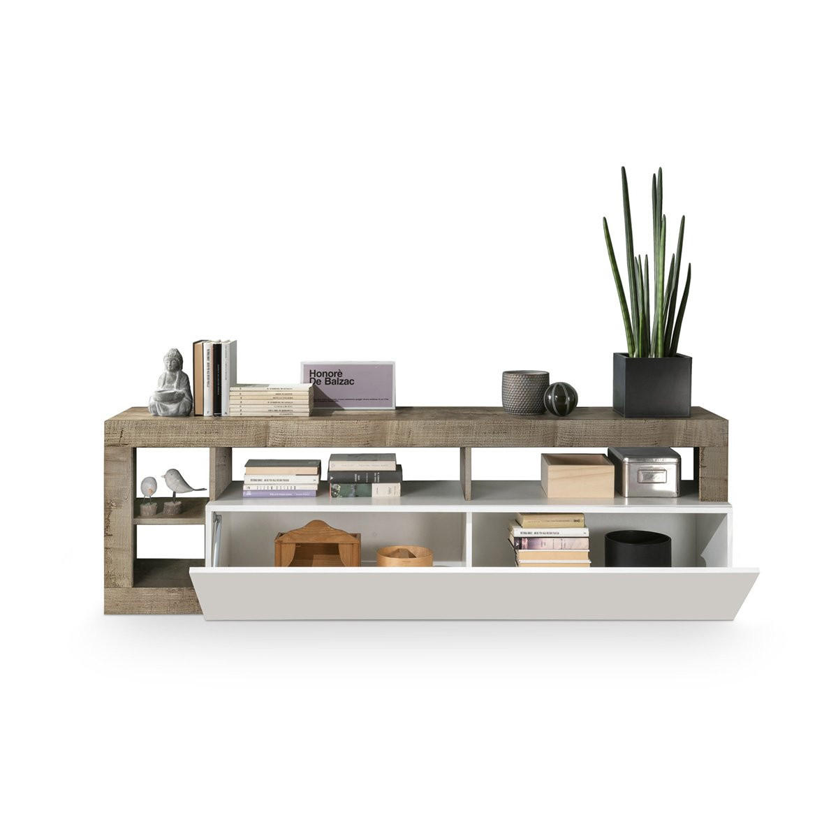 TV-MÖBEL mit 1 Tür & 4 Ablagen - Weiß lackiert & Eichefarben - SEFRO - Naturfarben, Holz (42/58/184cm) - Vente-Unique