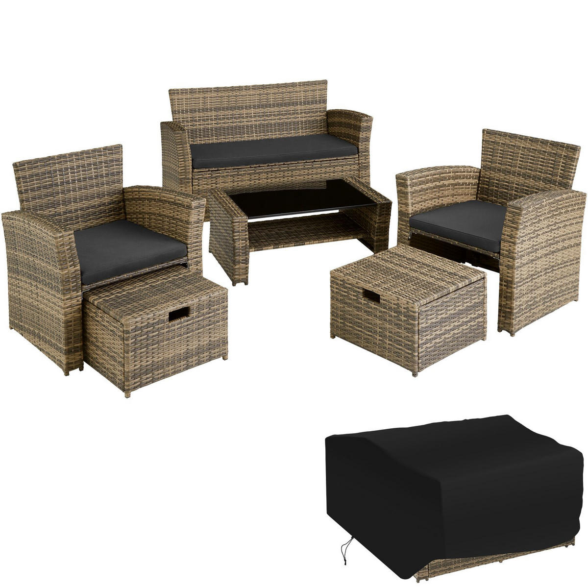 RATTAN SITZGRUPPE Modena,inklusive Staufach und Schutzhülle,natur - Naturfarben, Kunststoff - tectake