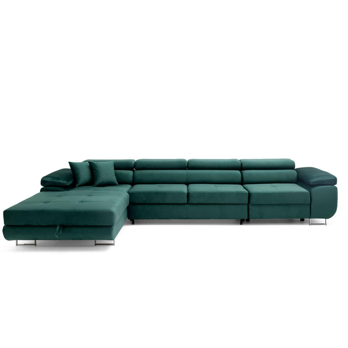 ECKSOFA ALONZO MAXI Links mit Schlaffunktion 125x195 Velours Grün - Silberfarben/Grün, Holz/Textil (350/203cm) - Muffo
