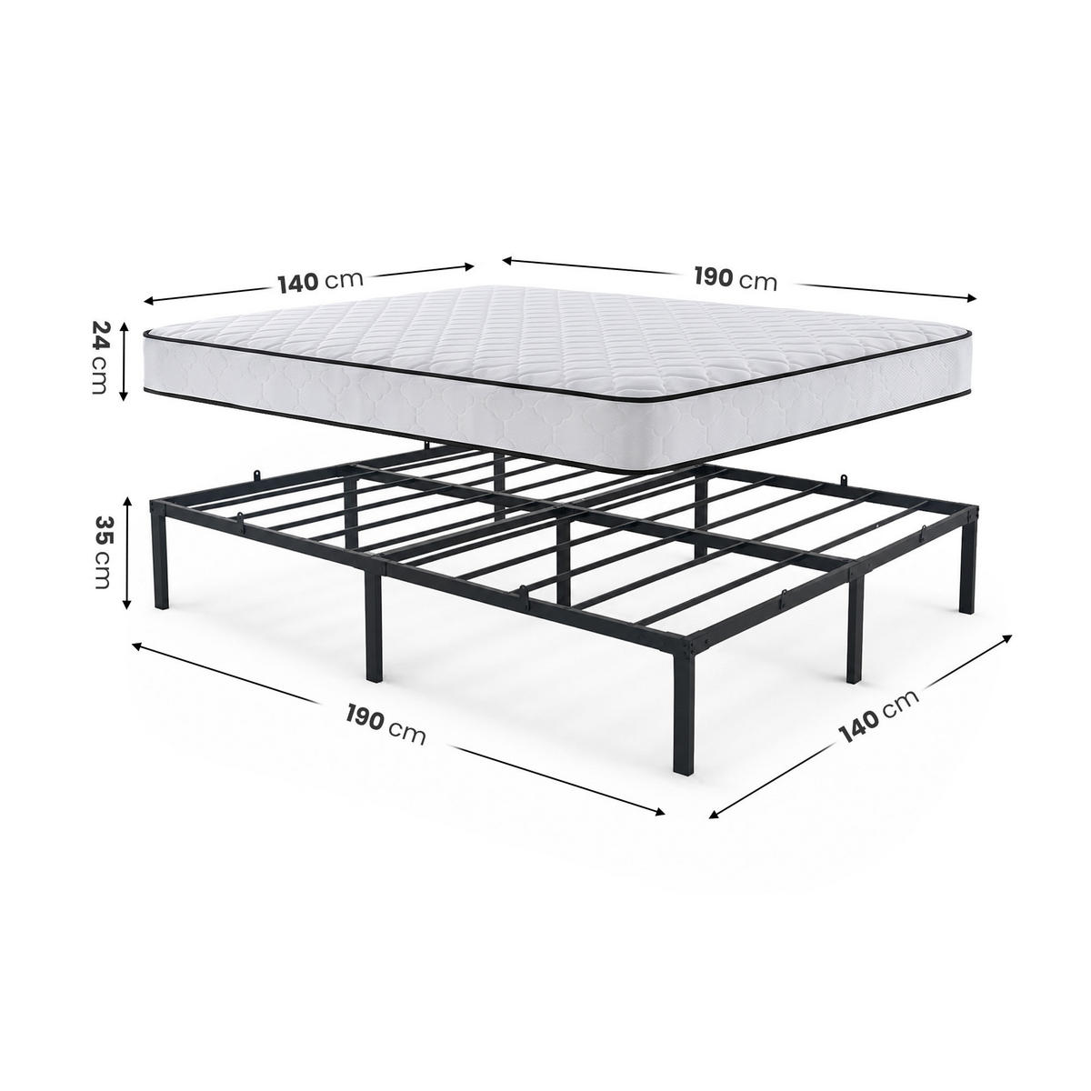METALLBETT Klappbares mit Matratze 140x190 cm Schwarz - Schwarz, Metall - Akord