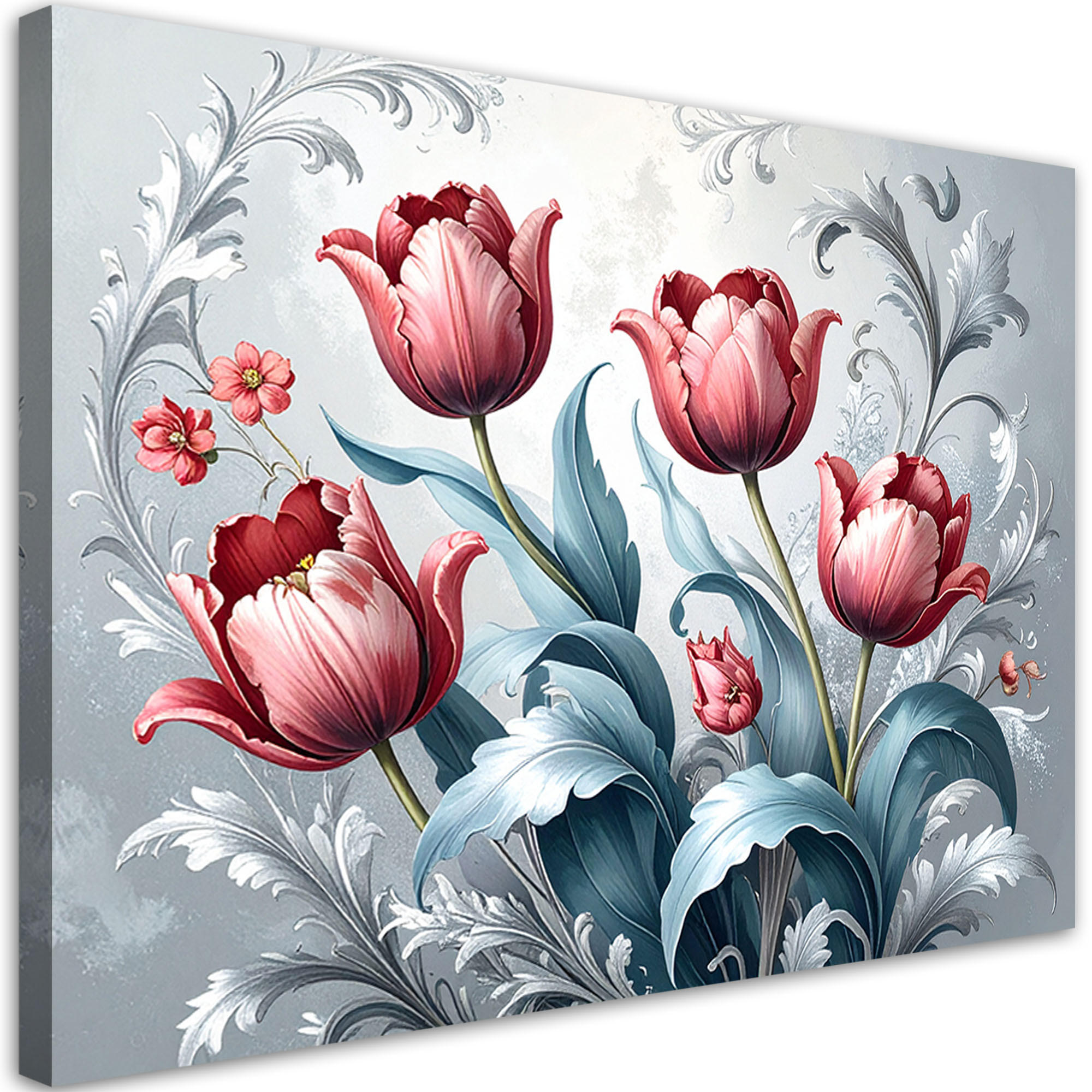 BILD auf Leinwand, Rote Tulpenblüten auf grauem Hintergrund - Rot, Textil (120/80cm) - Feeby