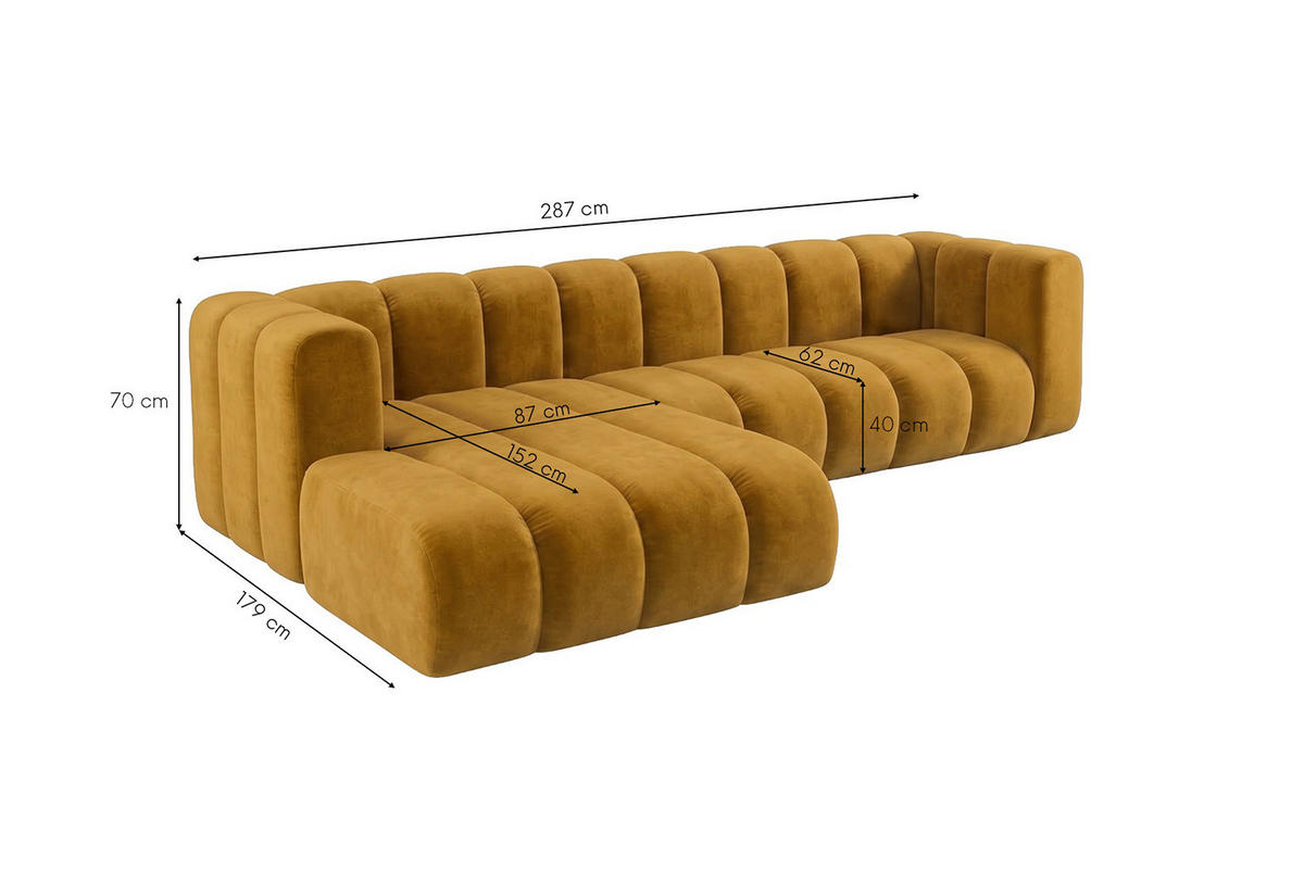 ECKSOFA Modulares In L-Form, Velvet-Stoff Riviera, Senffarbe, Links, GRAND 287 cm - Gelb, Holz (287/179cm) - Kaiser Möbel