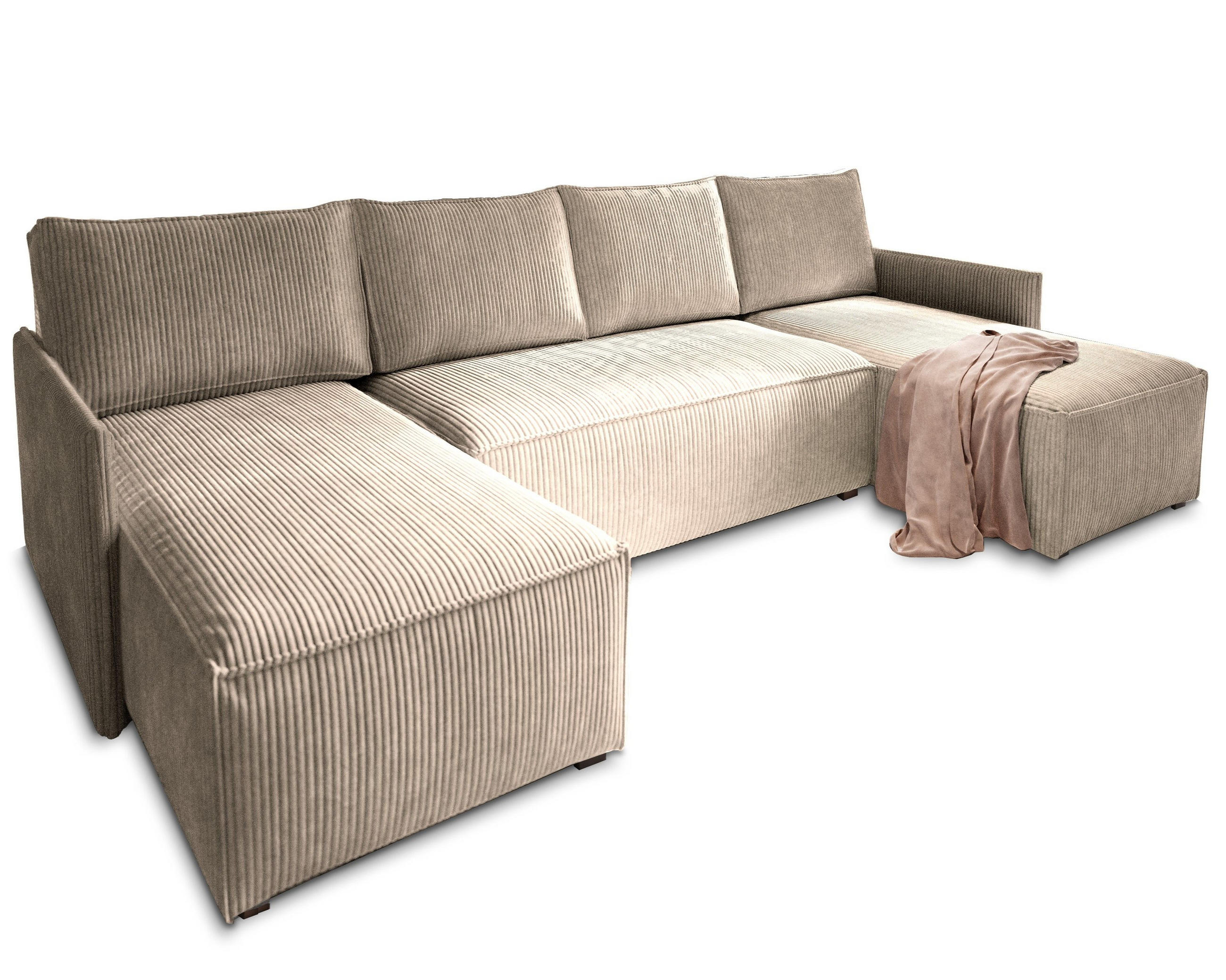 WOHNLANDSCHAFT TRES Beige Kordstoff mit Schlaffunktion - Beige, Holz (271/85/140cm) - MASSENO