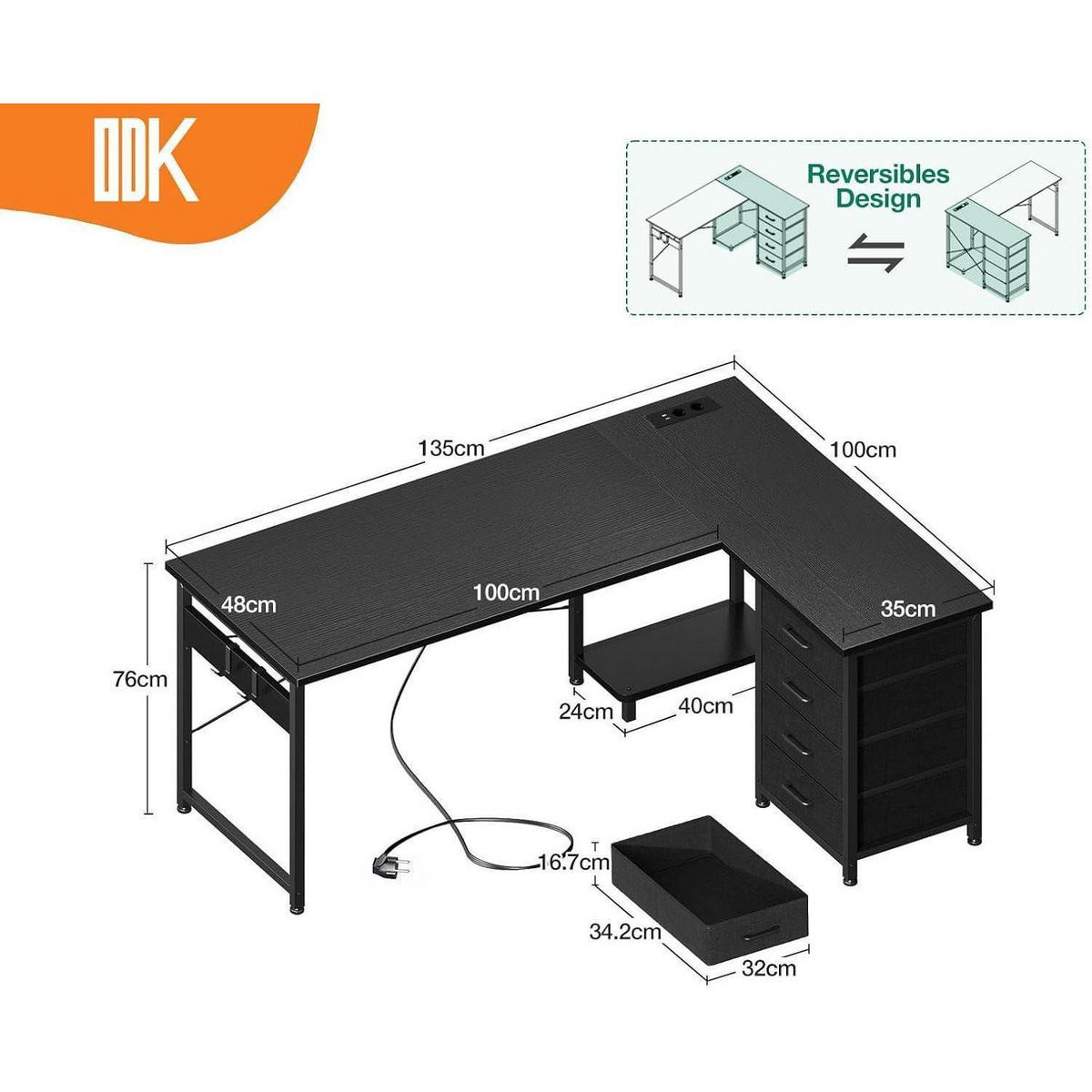 ECKSCHREIBTISCH mit Steckdose und USB 135 x 100 cm Schwarz - Schwarz, Holzwerkstoff (100/135/75.7cm)
