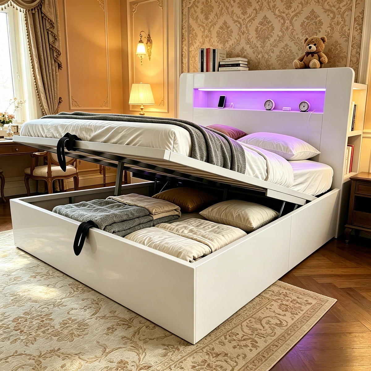 POLSTERBETT 140/200 cm Weiß mit Hydraulische Aufbewahrungsfunktion und LED-Kopfteil - Weiß, Holz (140/200cm) - Oxeza