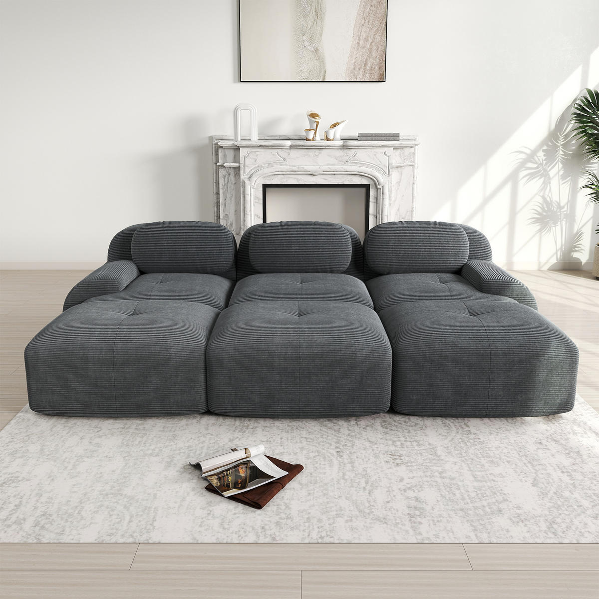 3-SITZER SOFA Cord Grau mit 3 Hocker - Grau, Textil (298/75/178cm) - WISHDOR
