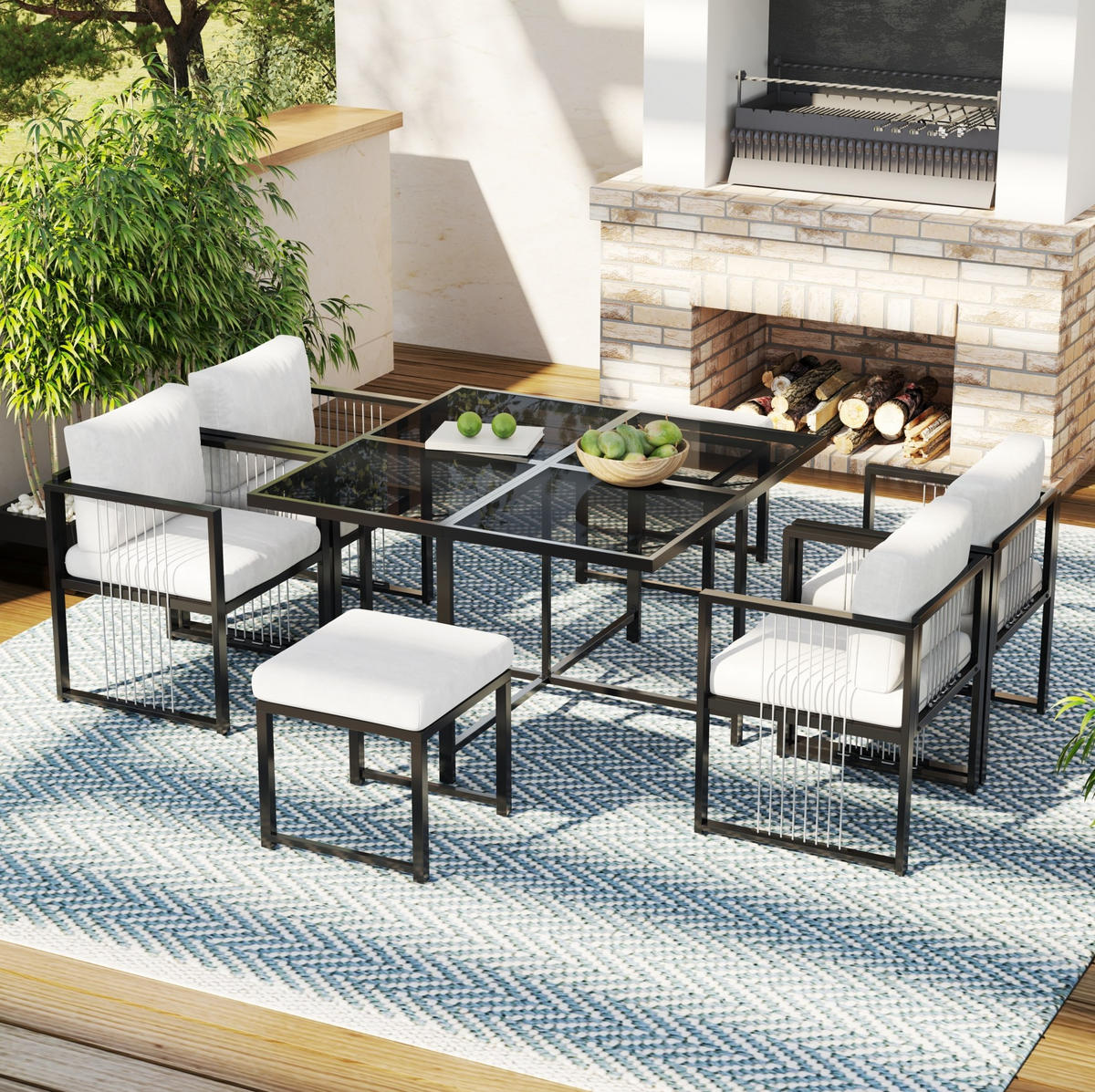 GARTENMÖBEL-SET 117/117 cm mit 4 Sesseln und 2 Hockern, Hartglas-Tischplatte und Kissen, Schwarz/Weiß - Schwarz, Metall - Redom