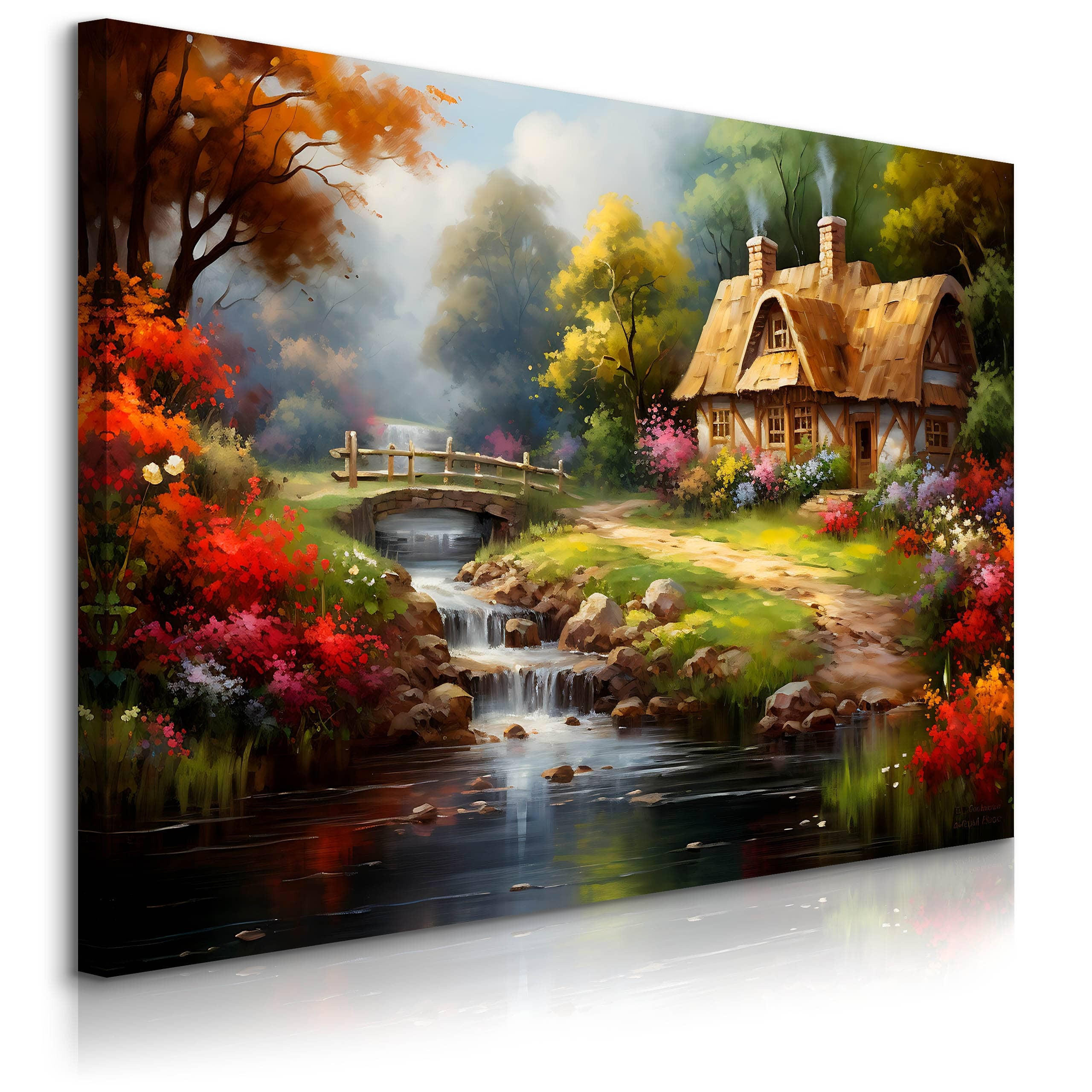 LEINWANDBILD ländlichem Häuschen Wald Natur Landschaft 120cm x 80cm - Beige/Rot, Textil (120/80cm) - Muralo