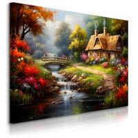 LEINWANDBILD ländlichem Häuschen Wald Natur Landschaft 120cm x 80cm - Beige/Rot, Textil (120/80cm) - Muralo