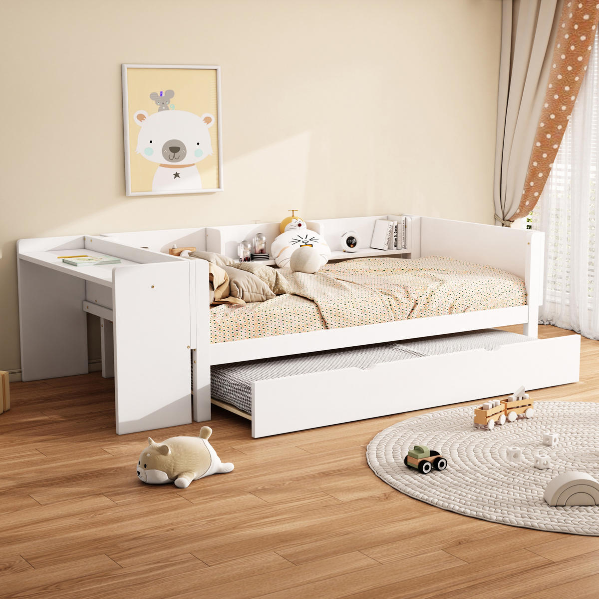 KINDERBETT 90/200 cm aus Kiefer und MDF mit Ausziehbett, Schreibtisch und 3 Seitenregalen Weiß - Weiß, Holzwerkstoff (90/200cm) - Modenvie