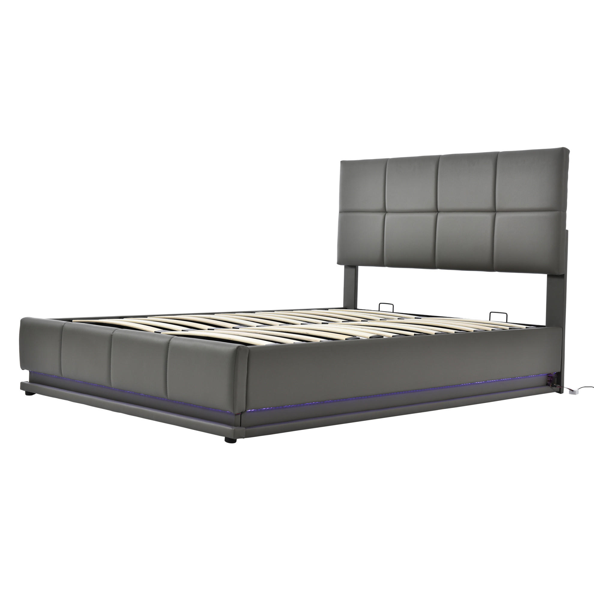 POLSTERBETT 140/200 cm mit LED-Beleuchtung, hydraulischem Bettkasten und Kunstlederbezug, Grau - Grau, Textil (140/200cm) - Redom