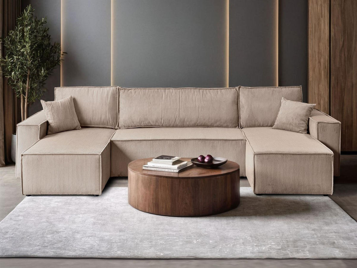 WOHNLANDSCHAFT Gepolstertes CARLO U Cord mit Schlaffunktion und Bettkasten, Poso 02 - Beige, Textil (315/83/143cm) - Lookway