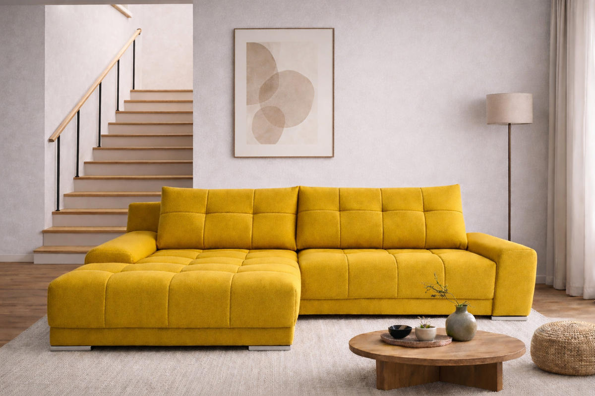 ECKSOFA WAVE Mit Schlaffunktion, Stoff SORO, Gelb Links - Gelb, Holz (105/281cm) - Kaiser Möbel
