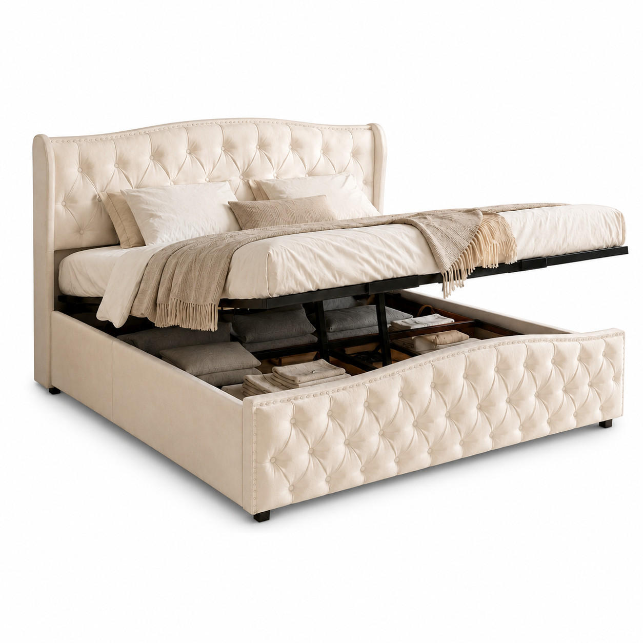 DOPPELBETT,STAURAUMBETT 140/200 cm mit Bettkasten Samt Beige - Beige, Holz (140/200cm) - PARAFTA HOME
