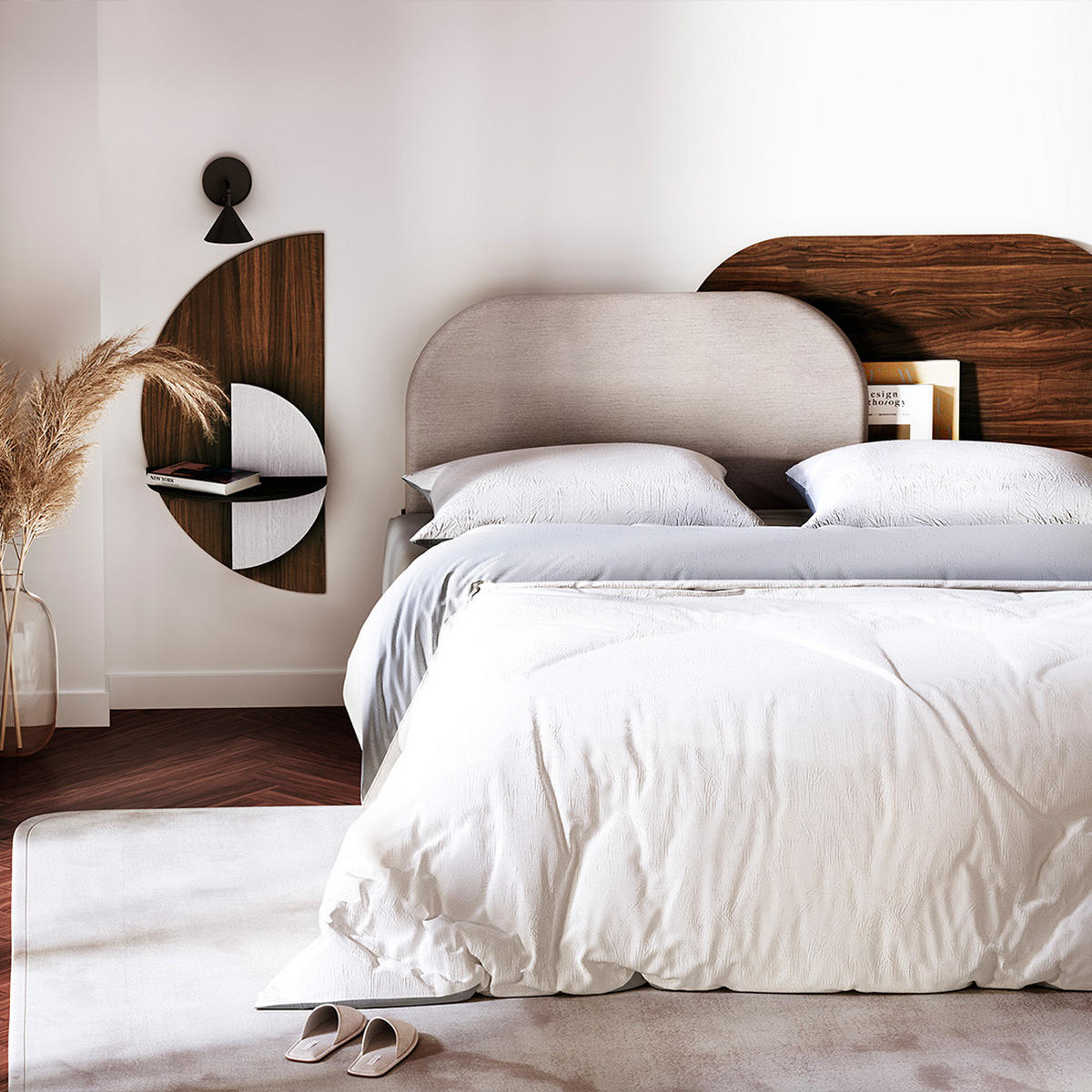 KOPFTEIL Alba mit Licht 150cm - Blau/Walnussfarben, Holz/Textil (150/60/14cm) - Woodendot