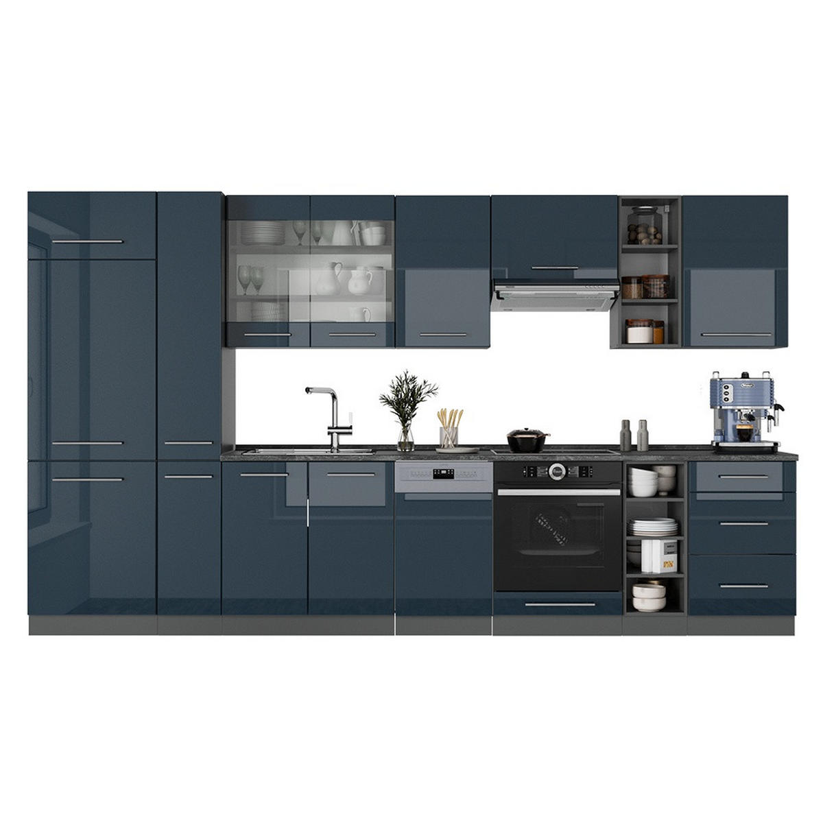 KÜCHENZEILE Fame-Line Dunkelblau Hochglanz/Anthrazit 355 cm , AP Anthrazit - Anthrazit/Dunkelblau, Holzwerkstoff (355/81.6/60cm) - Vicco