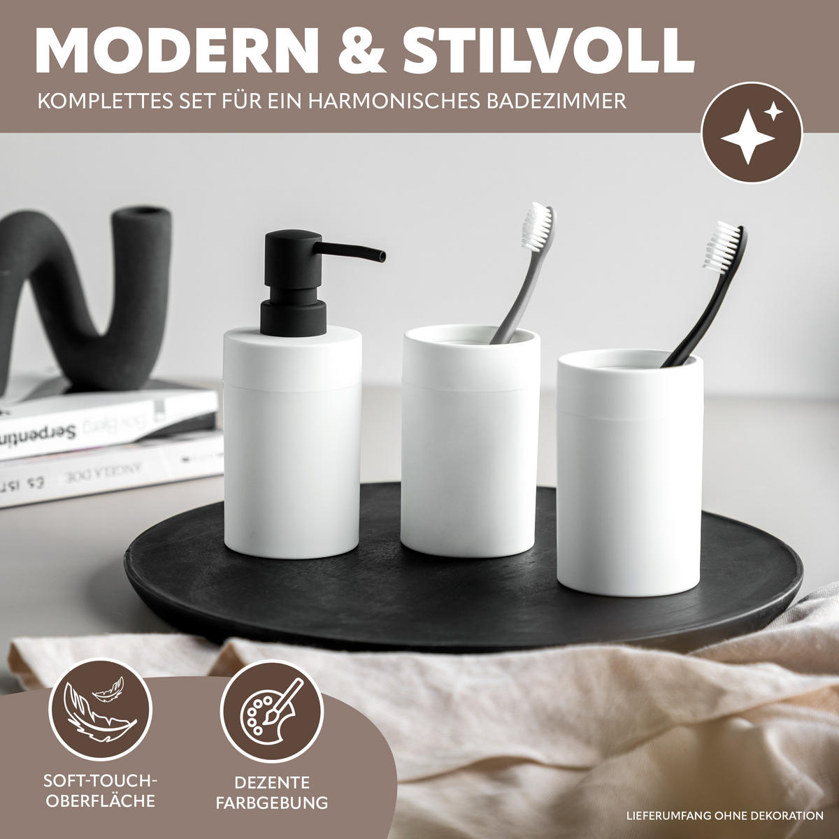 BADEZIMMER-SET SAVONA, Soft-Touch, weiß, rund - Weiß, Kunststoff (7/16/9cm) - bremermann