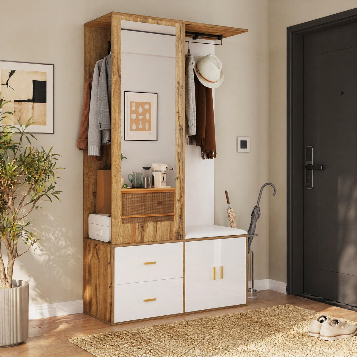 GARDEROBE-SET in Weiß und Naturfarben mit Spiegel und Schuhbank für Flur, B100/T38/H180 cm - Weiß/Naturfarben, Glas/Holzwerkstoff (100/180/38cm) - STILVORA