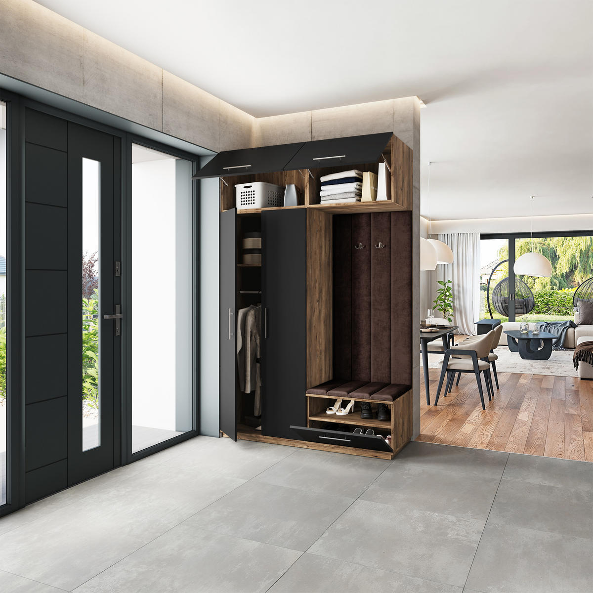 GARDEROBENSCHRANK REMA 150/240/60 cm Modern Garderobe-Set Eiche Lefkas - Eichefarben/Schwarz, Holzwerkstoff (150/240/60cm) - MASSENO