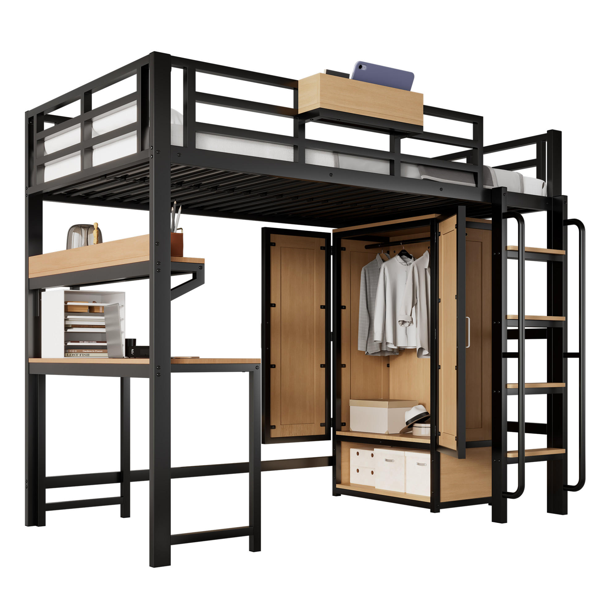 HOCHBETT 90/200 cm Schwarz/Natur aus Metall und Holzwerkstoff mit Kleiderschrank und Schreibtisch - Schwarz, Metall (90/200cm) - OKMYHOME